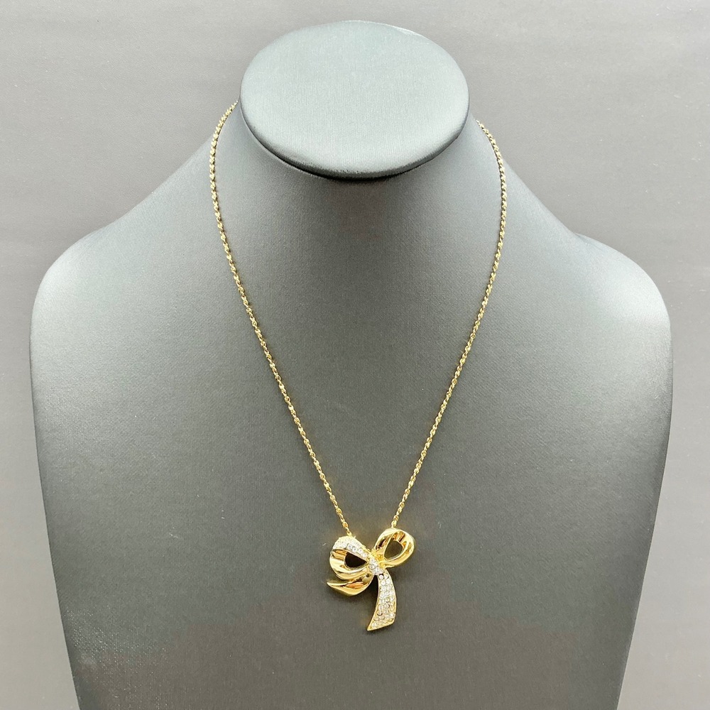 Bow Pendant Necklace Women Gold Tone Rhinestone Accents Twisted Chain Jewelry